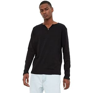 Trendyol Heren Zwart Basic Slim Fit 100% Katoen Lange Mouwen Knop Kraag T-Shirt M