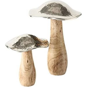 Boltze Decoratieve staander Fungus 2-delig (paddenstoelfiguren, mangohout/aluminium, decoratie winter, herfst, afmetingen 21x14 cm, 15x12 cm) 1457100, bruin
