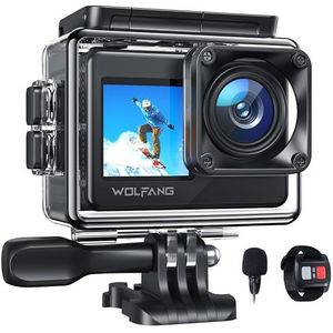 WOLFANG GA120 Action Cam 4K 20MP wifi-camera, onderwatercamera, 40 m waterdichte camera, 170 graden groothoek, dual screen, vloggingcamera met EIS-beeldstabilisatie, helmhouder, accessoirekit