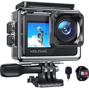 WOLFANG GA120 4K 20MP Actiecamera, 40M Waterdichte Onderwatercamera voor Snorkelen, 170° Groothoek WiFi Dual Screen Vlogcamera met EIS, Externe Microfoon, Afstandsbediening
