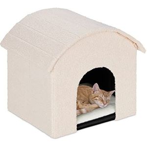 Relaxdays kattenhuis binnen, inklapbaar, donzig, kattenholletje met kraboppervlak, HBD: 44 x 48 x 41 cm, met dak, beige