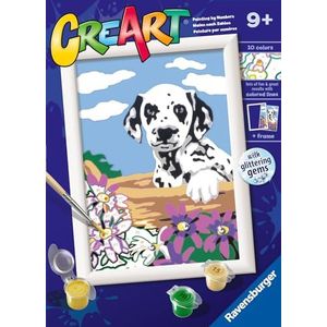 Ravensburger - CreArt E Series Classic: Dalmatiër met bloemen, schilderset op nummer, bevat een voorgedrukte plank, kwast, kleuren en accessoires, creatief spel voor jongens en meisjes van 9+ jaar