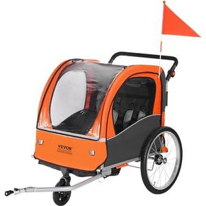 VEVOR Fietsaanhanger, kinderfietsaanhanger, dubbele zitting, 45 kg draagkracht, 2-in-1 kinderaanhanger, buggy, ombouwbaar in kinderwagen, opvouwbare kinderfietskar voor het trekken van fietskoppeling