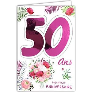 Verjaardagskaart""50 jaar"" voor dames, kleur afhankelijk van beschikbaarheid, roze fuchsia