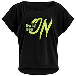 WINSHAPE Dames Dames Dames Ultra Lichtgewicht Modal Korte Mouw Shirt Mct002 met Neon Geel ""New Day Bring It On"" Glitter Print T-Shirt