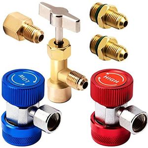SAVITA Auto Air Gereedschapsset, AC R134A Snelkoppelingen Adapters R134A Can Tap met Tankadapter voor Koelmiddeldispenser 1/4 Inch en 1/2 Inch AC-montage Meterslang