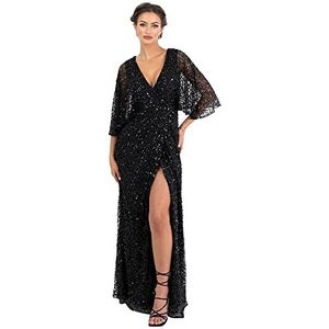 Womens maxi jurk dames pailletten verfraaid wrap A-lijn jurk voor bruiloft gast bruidsmeisje avond bal gelegenheid zwart maat 16, Zwart, 42