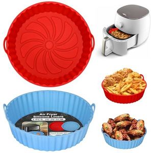 Alyvisun Air Fryer Silicone Pot, 2 Stuks Airfryer Pan Liners Herbruikbare Heteluchtfriteuse Mand Rond Tray Rack Accessoires Basket voor Air Fryers, Magnetron, Oven (Rood + Luchtblauw)