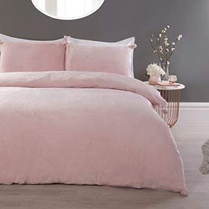 Sleepdown Pom roze fleece, warm, gezellig, zacht, onderhoudsvriendelijk, effen flanellen dekbedovertrek, beddengoedset met kussenslopen, super kingsize (260 cm x 230 cm)