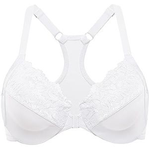 DELIMIRA Vrouwen Voorsluiting Kant Bra Racerback Grote Maten Ongevulde BH's met beugel Volledige cups Diepe hals wit 95B