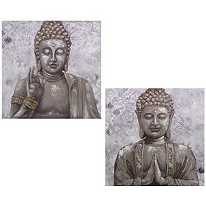 DRW Set van 2 canvasdoeken van hout, vierkant, met een meerkleurige Boeddha, 60 x 3 x 60 cm