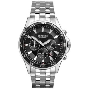 Sekonda Quartz horloge voor mannen met chronograaf display en roestvrij stalen armband, Zilveren armband/zwarte wijzerplaat, Armbanden