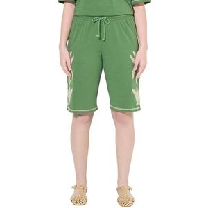 Ulla Popken Dames grote maten grote maten plus size jersey shorts met palmborduursel, mosgroen, 32W / 32L