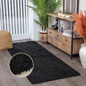 Surya Home tapijtloper Shaggy – pluizig tapijt voor eetkamer, slaapkamer, woonkamertapijt – zacht marmer tapijt, groot 80 x 220 cm, zwart