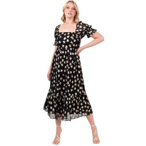 Lovedrobe Damesmidi-jurk met vierkante hals, korte pofmouwen, sterprint, doek, tie-rug, A-lijn, cocktailparty, evenement, zwart, 48, Zwart, 46