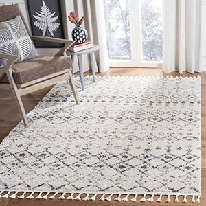 SAFAVIEH Marokkaans hoogpolig tapijt voor woonkamer, eetkamer, slaapkamer, Berber Fringe Shag Collection, laagpolig, crème en donkergrijs, 99 x 160 cm