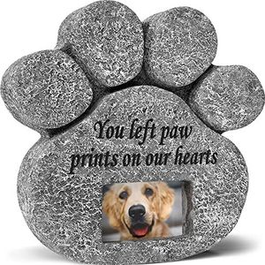 You Left Paw Prints On Our Hearts' Paw Print Pet Memorial Stone, Grave Marker met aanpasbare fotolijst sleuf, verlies van huisdier cadeau, gepersonaliseerde hond of kat gedenksteen grafsteen, 21 x