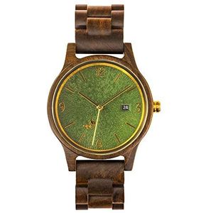 Opis UR-U1: Zwart Sandelhout Houten Pols Horloge voor Mannen/Vrouwen, Dames/Heren, Uniseks met Wijzerplaat met Reliëf in het Groen en Goud of Metaal Onderdelen