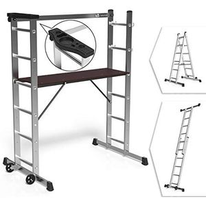VOUNOT Aluminium Steiger 3-in-1 Multifunctionele Stabiele Ladder met Werkplatform: 120 x 40 cm Max. Belasting 150KG 6 Postions Mobiele steiger op Wielen met Gereedschapshouder Zilver