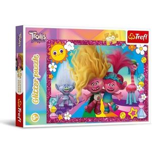Trefl – Trolls Band Together, Glanzende trollen – Glitterpuzzel met 100 stukjes – Glanzende puzzel met pony's, Creatieve ontspanning, Plezier voor kinderen vanaf 5 jaar