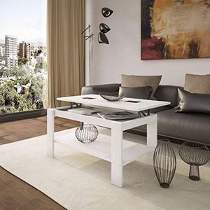 HOGAR24 ES Opklapbare salontafel met tijdschriftenstandaard, wit, contrastglazen in zwart, afmetingen: 100 x 50 x 49/57 cm