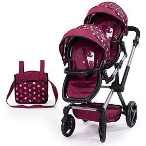 Bayer Design 26723AA Tweeling poppenwagen Twin Xeo, verstelbare en zwenkbaar duwstang, met tas, bordeaux, roze, sterren