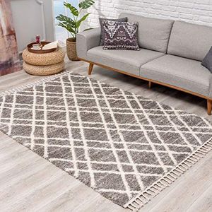 Tapijt hoogpolig woonkamer - Ethno ruit design 120x160 cm grijs crème - tapijten met franjes