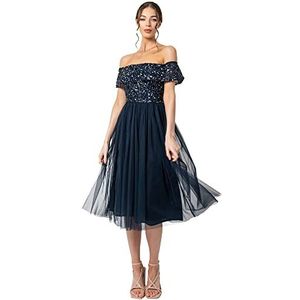 Maya Deluxe Bardot Versierde midi-jurk voor dames, bruidsmeisje, marineblauw, 14