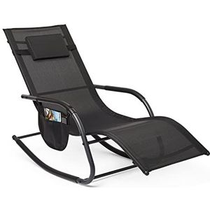 Mondeer Swingligstoel, schommelstoel met hoofdsteun en zijvak, zonnebed, ligstoel, relaxstoel voor tuin en balkon, tot 160 kg belastbaar, zwart