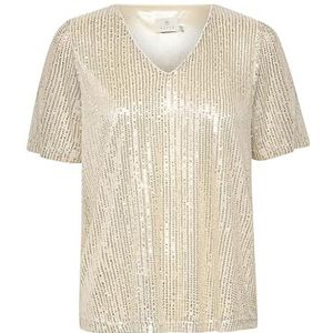 KAFFE Dames T-shirt met pailletten, V-hals, normale pasvorm, korte mouwen, heuplengte, Zand dollar/zilveren pailletten, XL