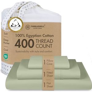 Threadmill Home linnen 400 draad tellen beddengoed collectie 100% ELS Katoen Effen Sateen Sheet Set, Linnen, 3 Stuks Set, Bedlaken, Glad Sateen Weave, Twin, Salie