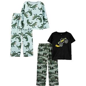 Simple Joys by Carter's Pyjamaset voor meisjes (verpakking van 2), Aqua Blauwe Dinosaurus/Zwarte Vrachtwagens/Groene Camo, 8 jaar