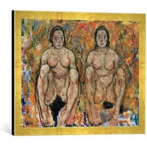 Ingelijste afbeelding van Egon Schiele hurkende vrouwenpaar, kunstdruk in hoogwaardige handgemaakte fotolijsten, 60x40 cm, Gold Raya