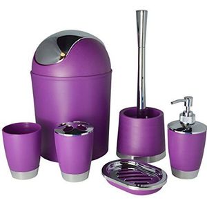 Bathlux Modern Design 6-delige badkameraccessoireset, toiletborstel, afvalbak, zeepbakje, tandenborstelhouder, zeepdispenser, spoelbeker (paars)