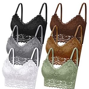 Geyoga 6 stuks kanten bralette voor dames, draadloze kanten bralette top met bloemenmotief, niet-gewatteerde kanten cami, bandeau-bh's met bandjes, Klassieke kleuren: zwart, donkere chocolade,