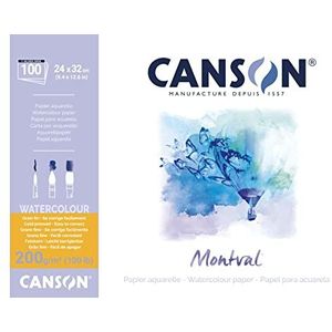 CANSON Montval, aquarelpapier, fijne korreling, 300 g/m², 140 lb, blok, grote zijde, 24 x 32 cm, wit, 100 vellen