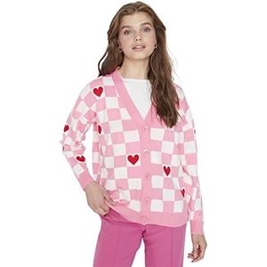 Trendyol Dames V-hals Plaid Regular Cardigan Sweater, Roze, L, roze, L