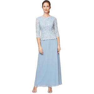 Alex Evenings Women's 3/4 Sleeve Stretch Lace Bodice One Piece Mother of The Bride Dress Regular Sizes, Sky, 8 Petite