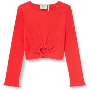 Blouse Geribbelde Ronde Hals Lange Mouw Uitgesneden Hart Gedetailleerde Katoenen Blouse, Rood(401), 6-7 jaar