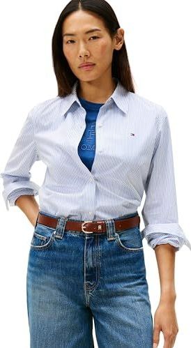 Tommy Hilfiger Dames ESS POPLIN regulier shirt WW0WW47169 L/S shirt, blauw, 32, Blauw (Hugh Stp/Blauw), 58
