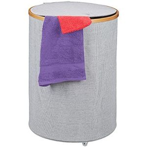 Relaxdays Opvouwbare wasmand - bamboe en stof - 75 L - wastas - op wieltjes - rond - grijs