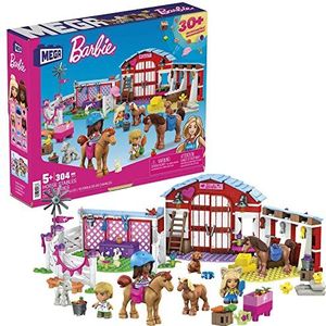 ​MEGA Barbie Paardenstallen, bouwset met 304 bouwstenen en speciale onderdelen, accessoires en 3 micropoppen, cadeauset voor kinderen vanaf 5 jaar