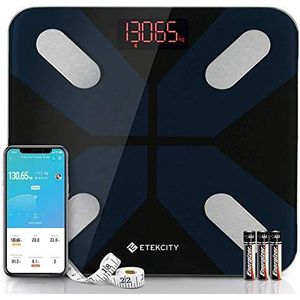 Etekcity Bluetooth lichaamsvetweegschaal, digitale personenweegschaal met intelligente app voor lichaamsgewicht, vet, BMI, spiermassa, water, eiwitten enz., 28 uur/180 kg, inclusief batterijen, zwart