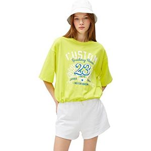 Koton T-shirt voor dames, bedrukt met ronde hals, korte mouwen, elastische taille, groen (973), L