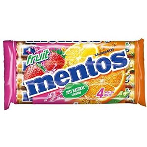 Mentos Fruit Dragees, 4 rollen fruitbonbons sinaasappel, citroen en aardbeien, kauwsnoepjes met fruitige smaak, snoep (4 rollen à 38 g)