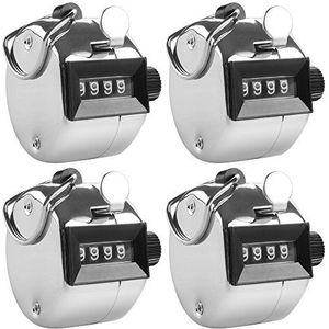 AFUNTA 4-cijferige handteller, 4-delige set, mechanische lap-tracker handmatige clicker met metalen vingerring ringhouder - zilver