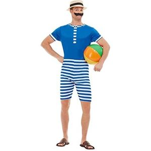 20s Bathing Suit Costume, Blue & White, with Short Jumpsuit, Hat & Moustache (L)