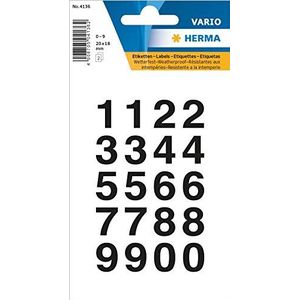 HERMA 4136 cijfer stickers 0-9, weerbest (20 x 20 mm, 2 velles, folie) zelfklevend, permanente klevende cijferstickers, 40 etiketten, transparant/zwart