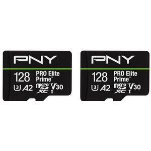 PNY 2-pack 128GB PRO Elite Prime Klasse 10 U3 V30 A2 microSDXC Flashgeheugenkaart + SD-adapter - tot 200 MB/s, Klasse 10, U3, V30, A2, 4K UHD, Full HD, UHS-I