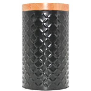Dekohelden24 Opslagbak/koekjesblik van metaal in zwart, deksel in houtlook en reliëf patroon, afmetingen H/Ø: ca. 18,5 x 10,5 cm